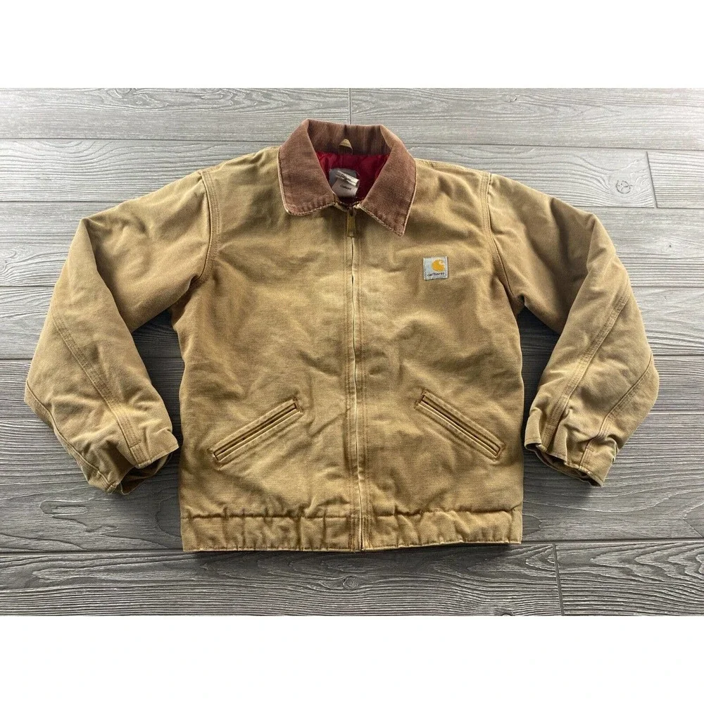 Vintage Carhartt Boys Jacket Size 14 Duck Canvas Y04 BRN Quilted Red Lining USA